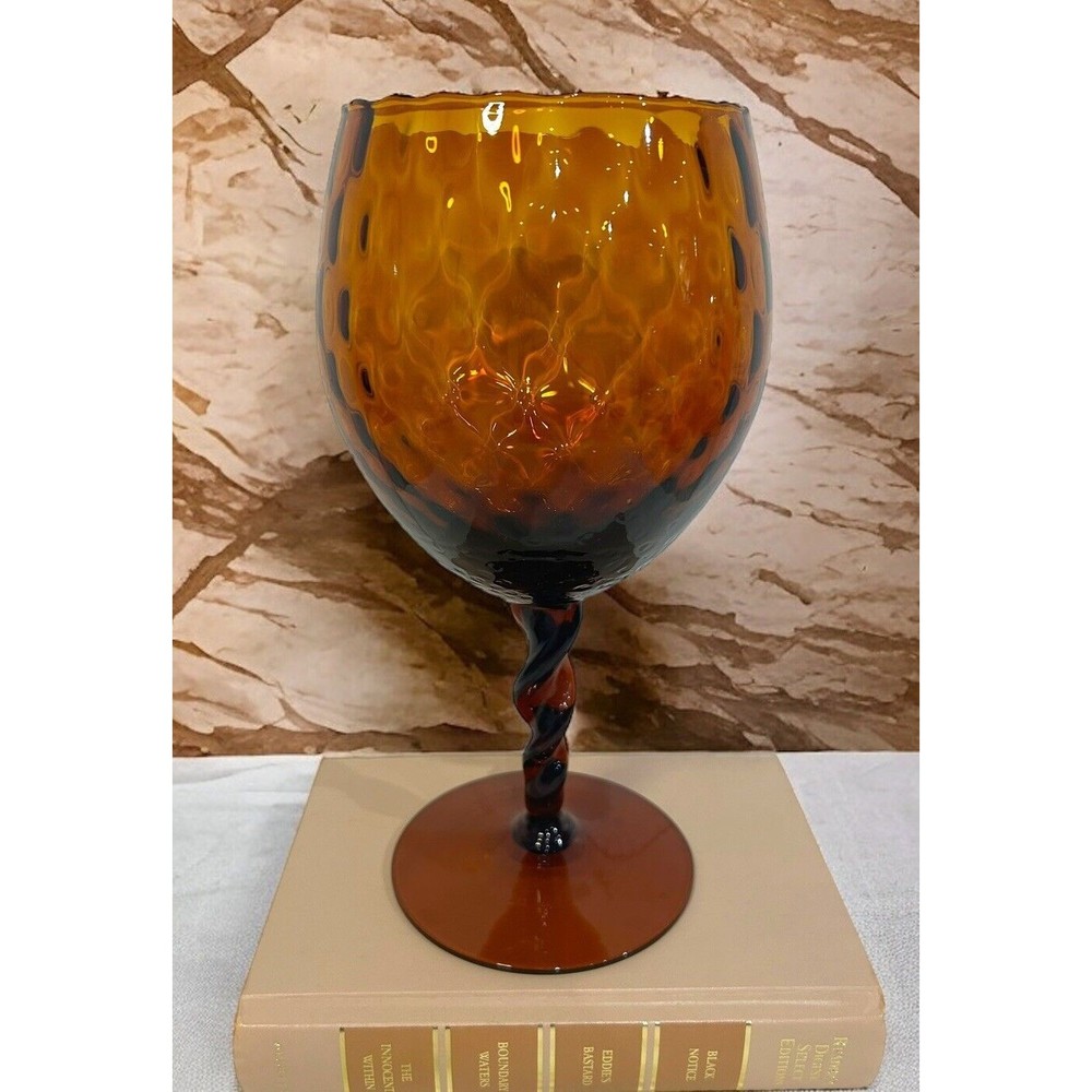 Vtg Empoli Amber Diamond Criss Cross Optic Twisted Stem 9.75" Italian Art Glass